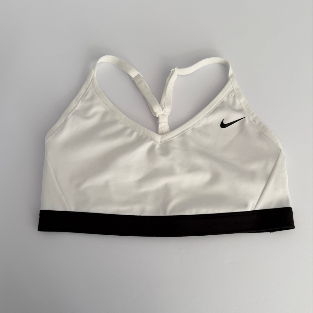 Nike Indy Sports Bra Women Size L White Black Good Light Support V-Neck Active